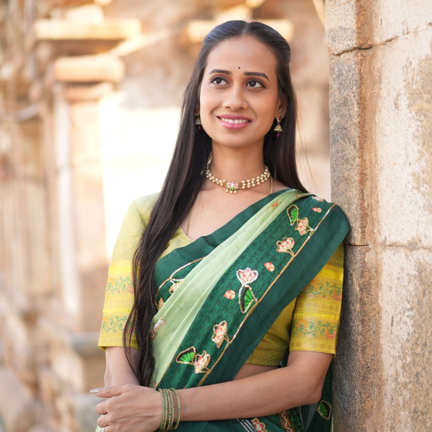Green Semi Silk Half Saree