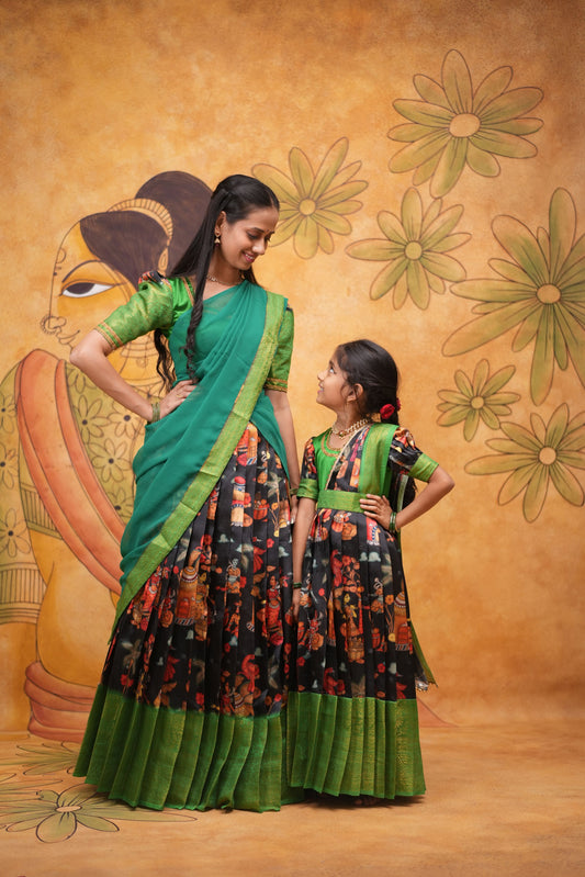 Kids Dola Silk Long Dress mom and daughter Balck