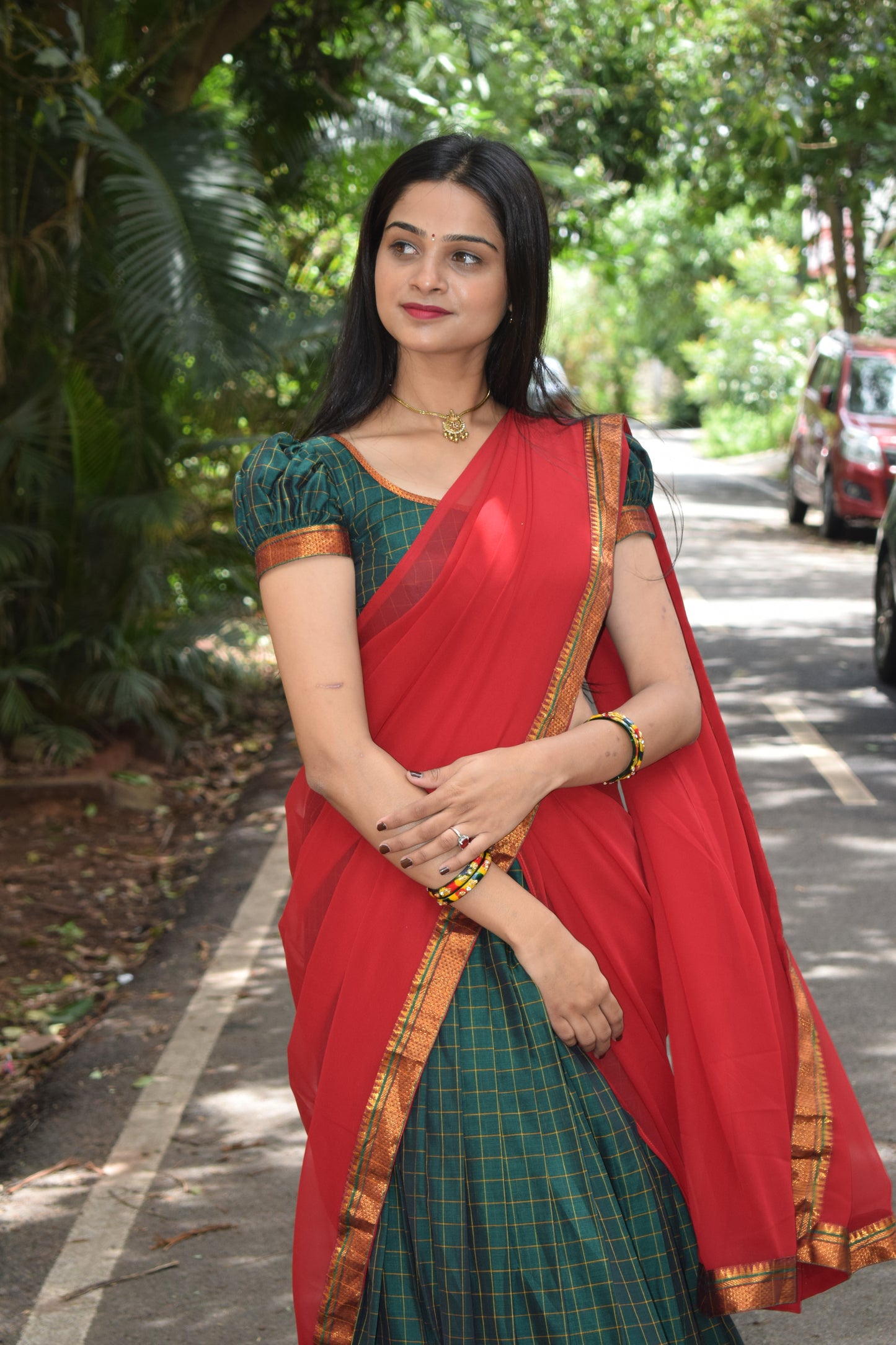 green and red halfsaree
