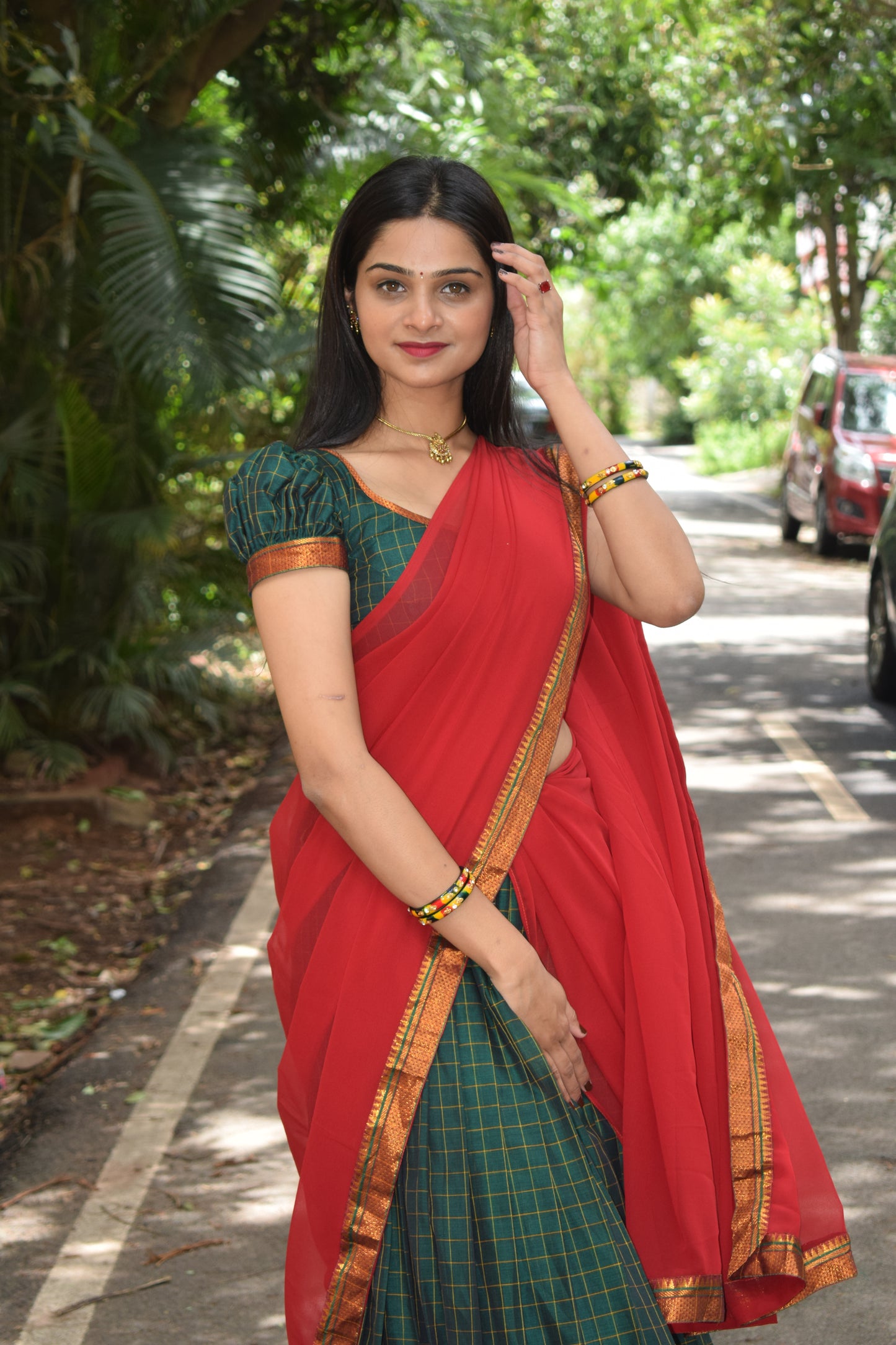 green and red halfsaree