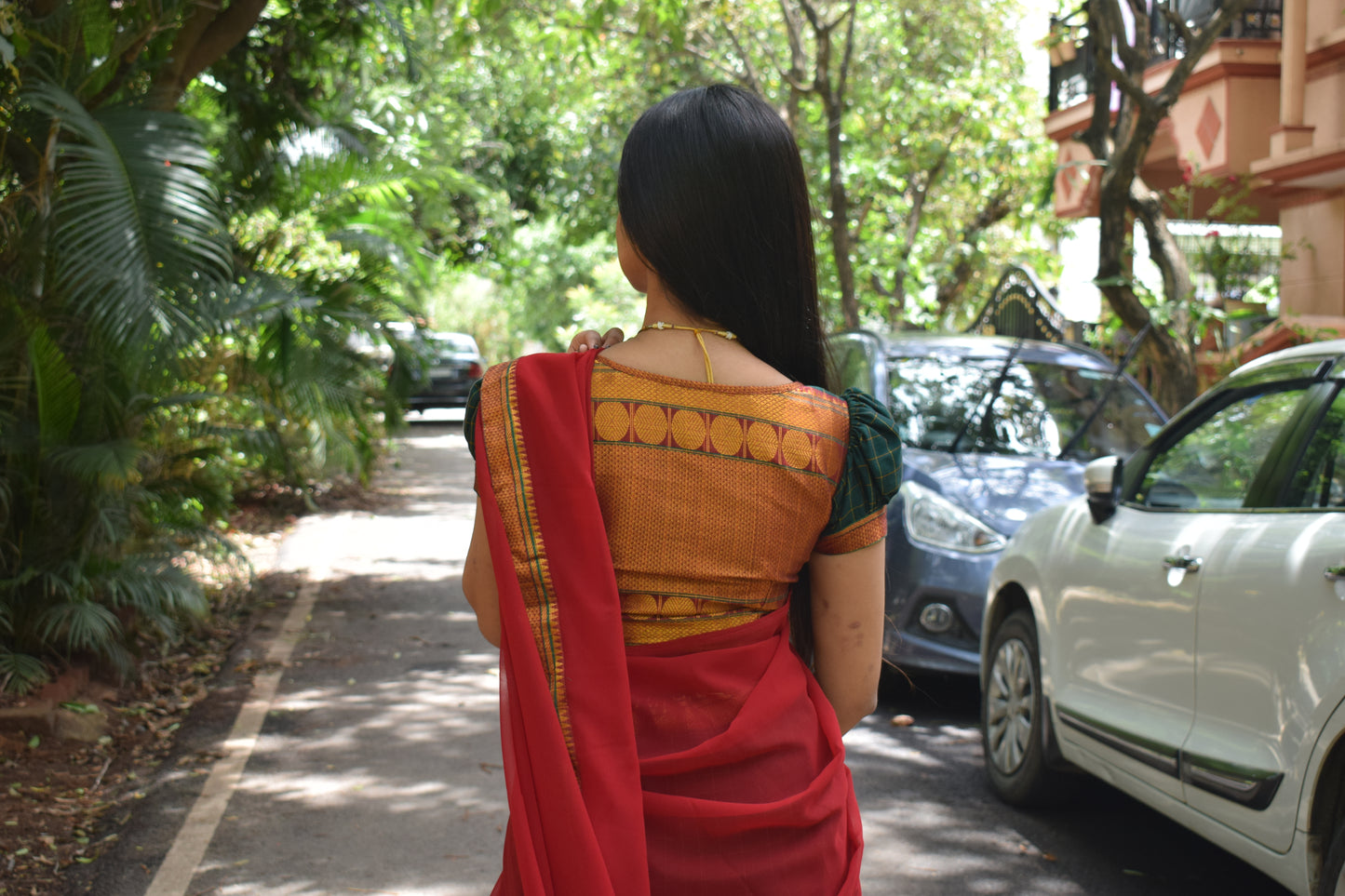 green and orange halfsaree