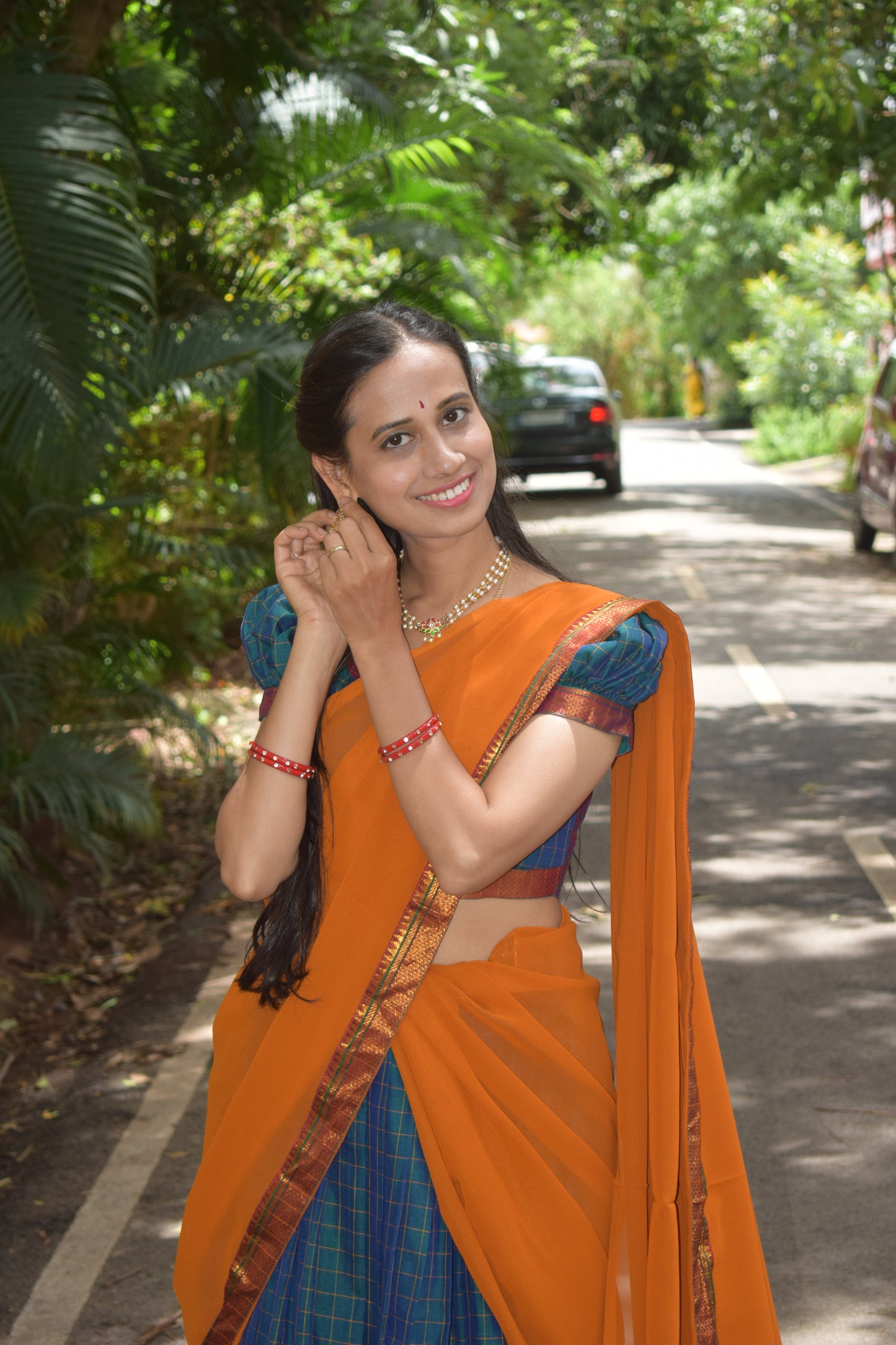 green and orange halfsaree