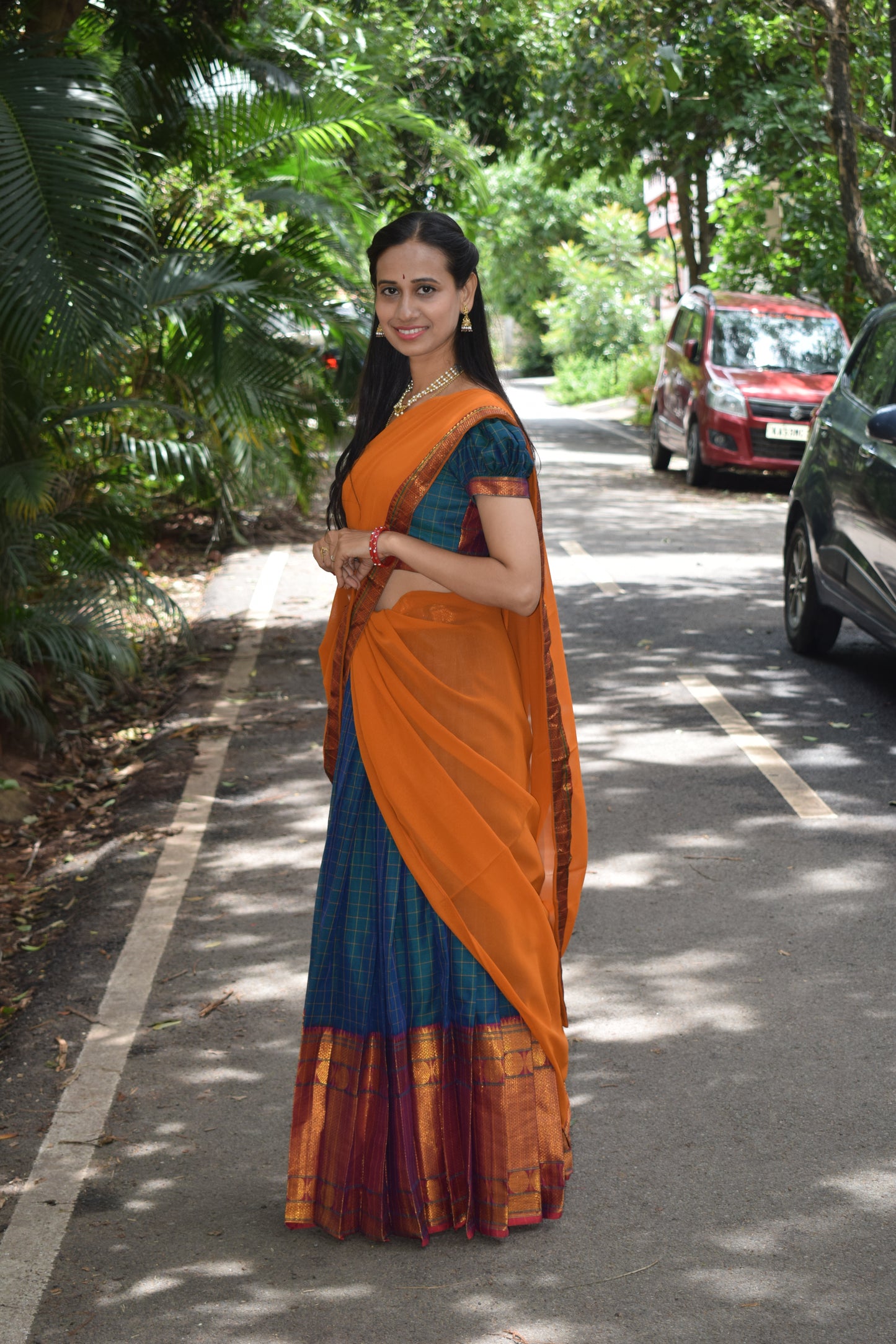 green and orange halfsaree
