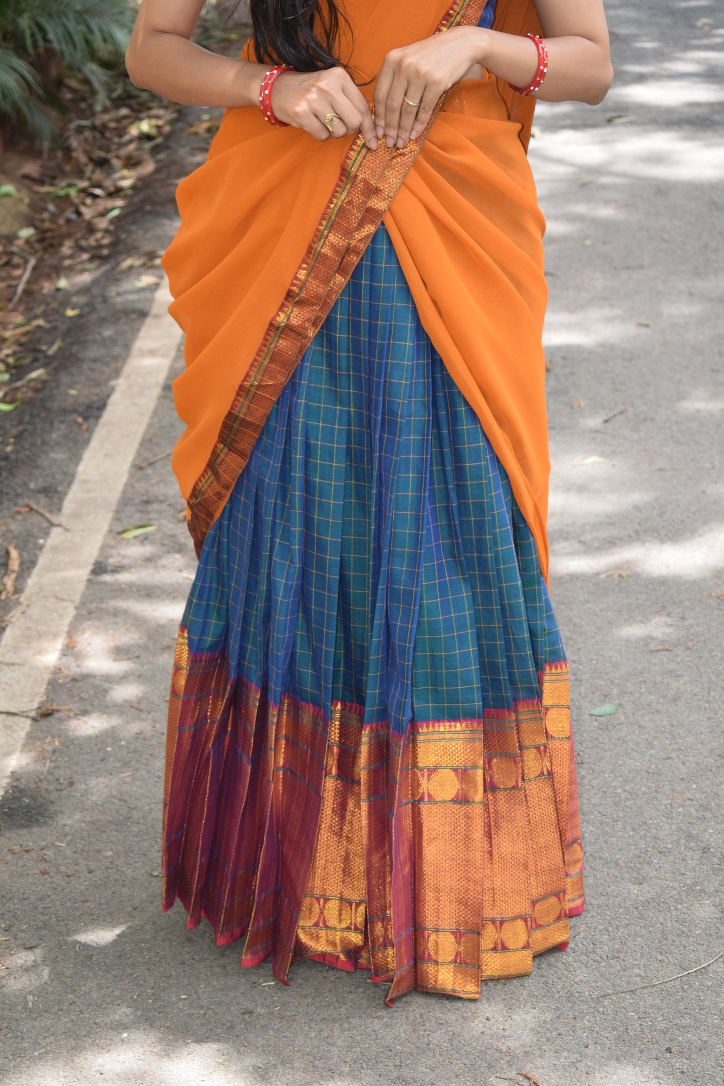 green and orange halfsaree