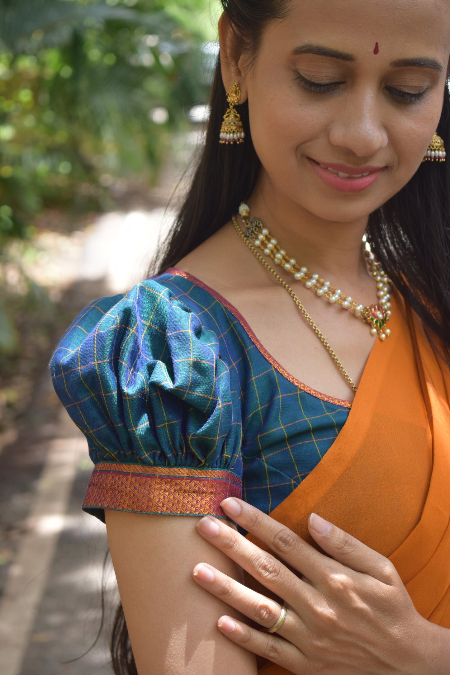 green and orange halfsaree