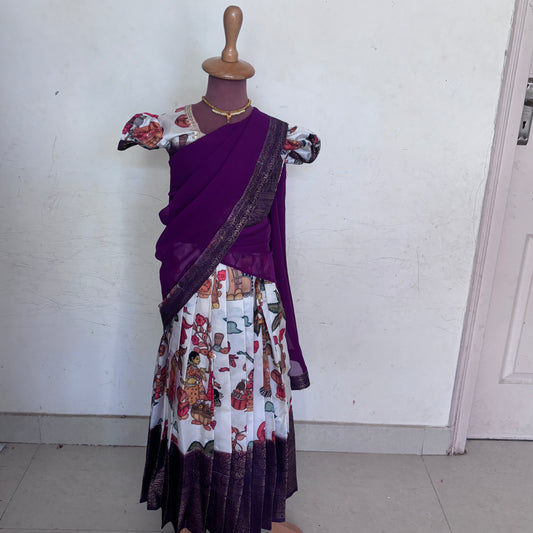 Purple and White Kids Dola Silk Halfsaree