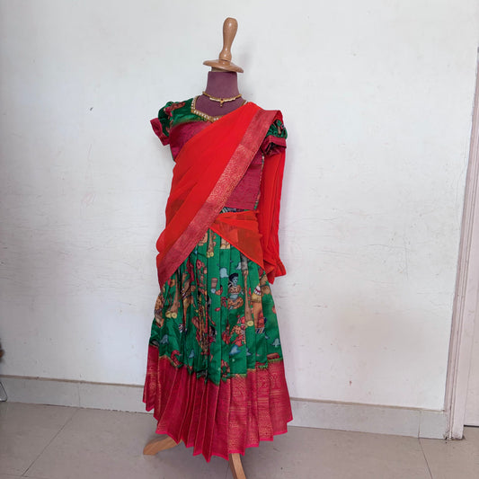 Orange and Green  Kids Dola Silk Halfsaree