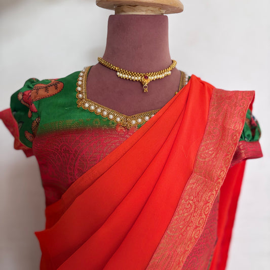 Orange and Green  Kids Dola Silk Halfsaree