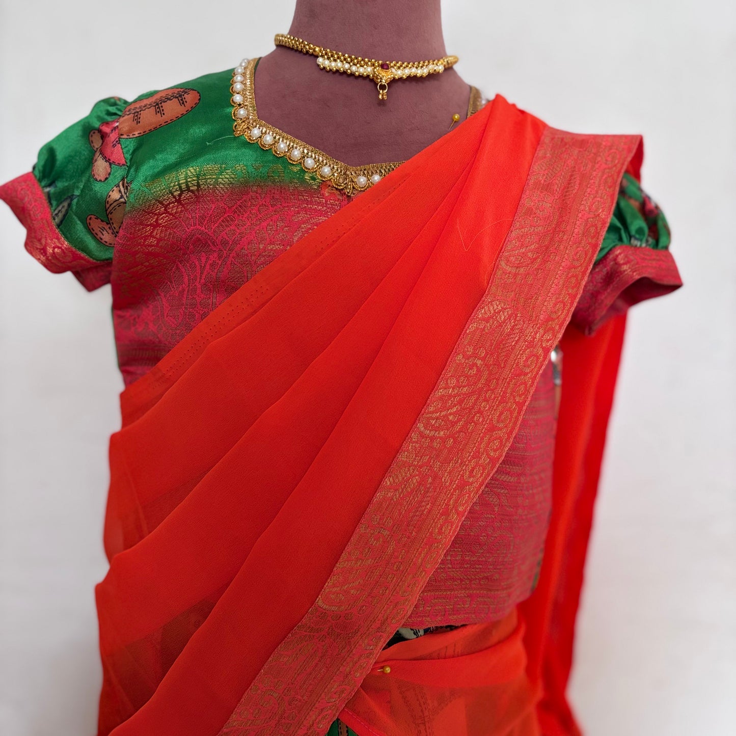Orange and Green Kids Dola Silk Halfsaree