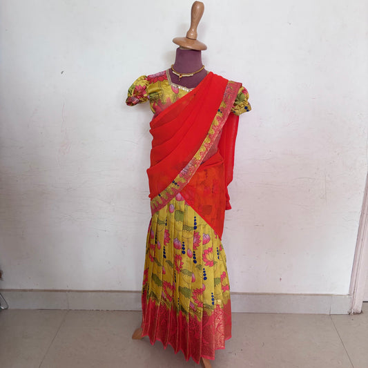 Orange and Yellow Kids Dola Silk Halfsaree