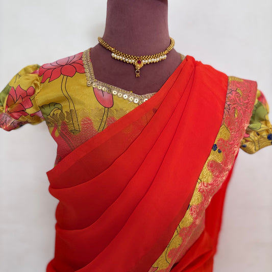 Orange and Yellow Kids Dola Silk Halfsaree