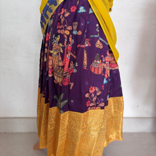Purple and Yellow Kids Dola Silk Halfsaree