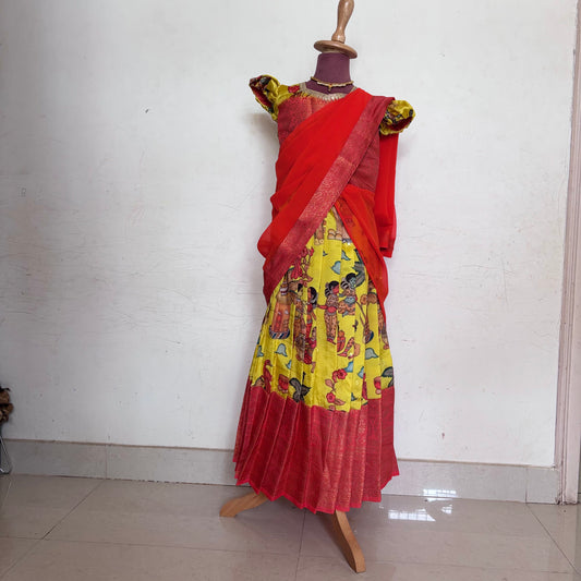 Pink and Orange Kids Dola Silk Halfsaree