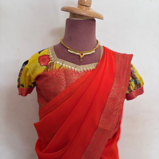 Pink and Orange Kids Dola Silk Halfsaree