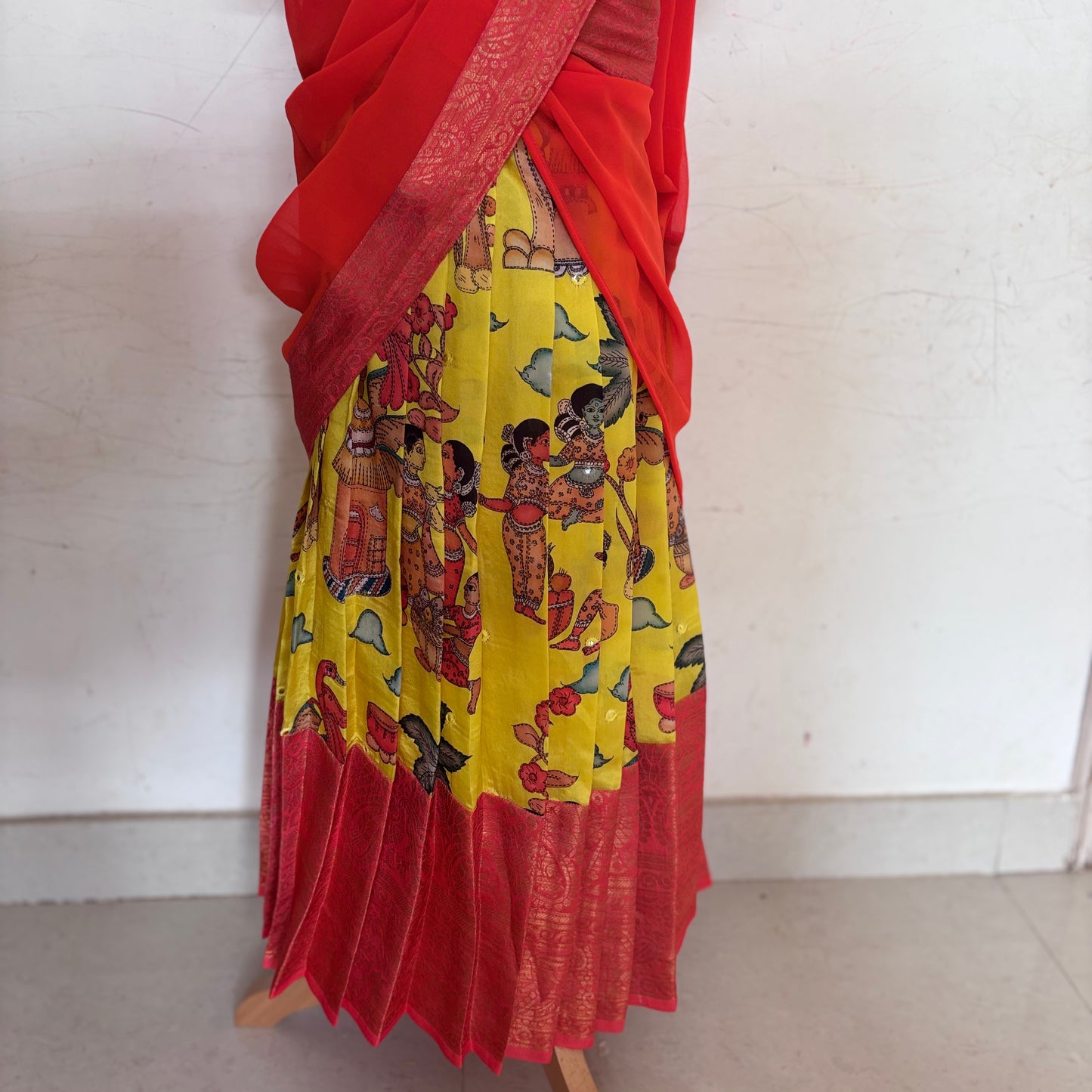 Pink and Orange Kids Dola Silk Halfsaree