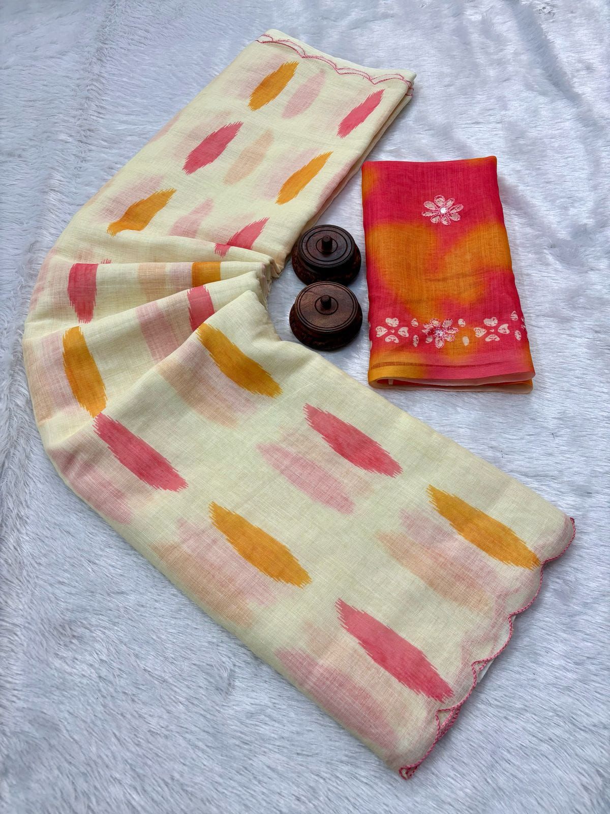 Cream Orange Mul Mul cotton saree