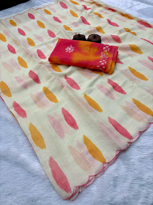 Cream Orange Mul Mul cotton saree