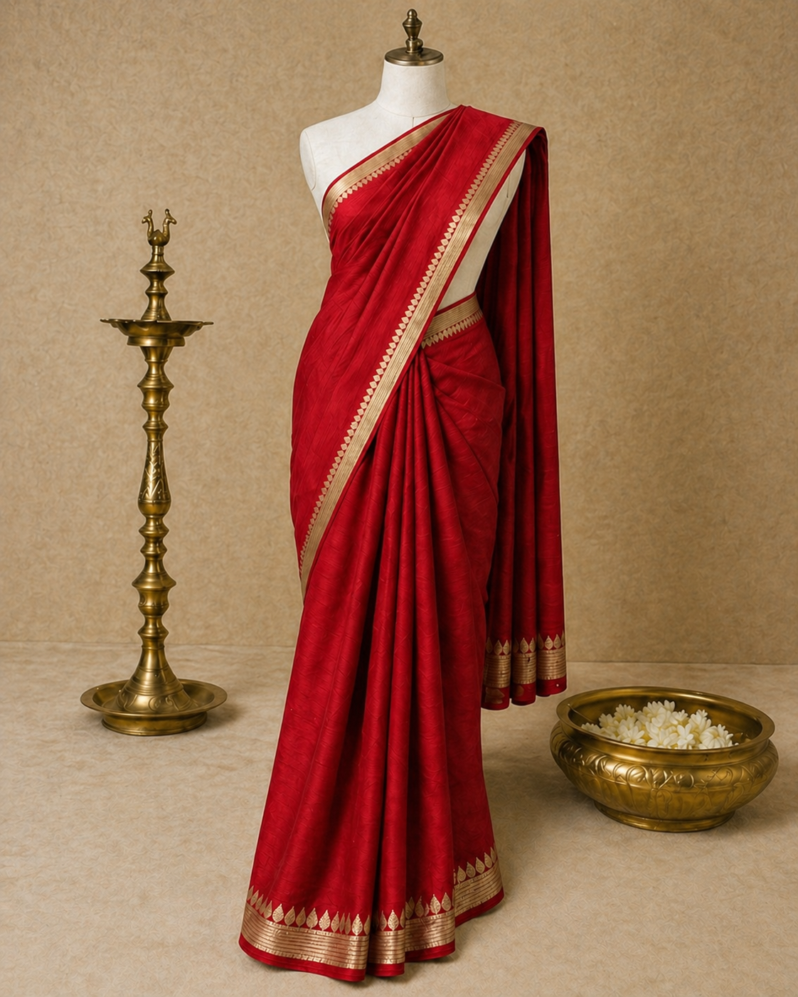 Red Chinon Chiffon Zari Saree