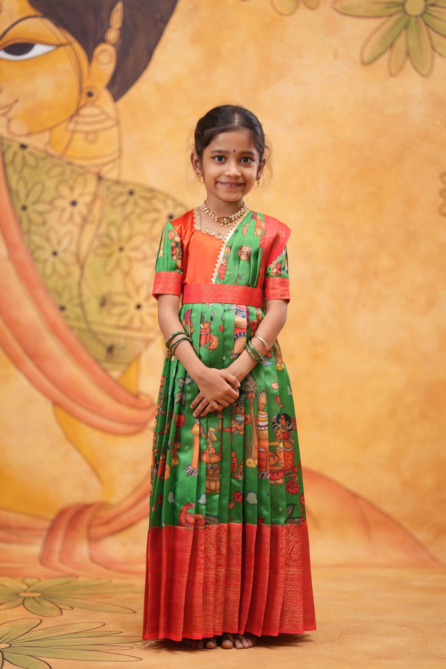 Kids Dola Silk Long Dress green