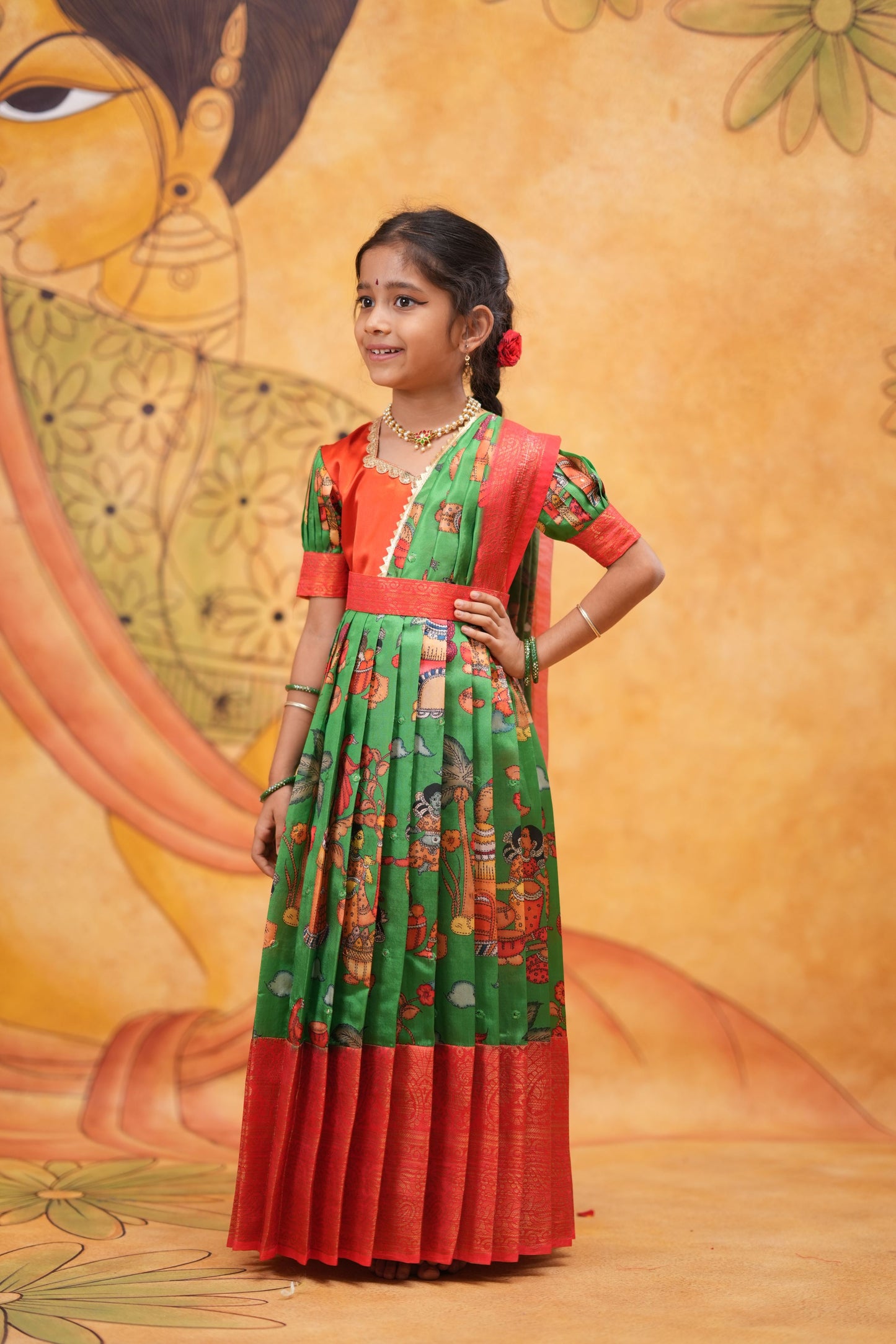 Kids Dola Silk Long Dress green