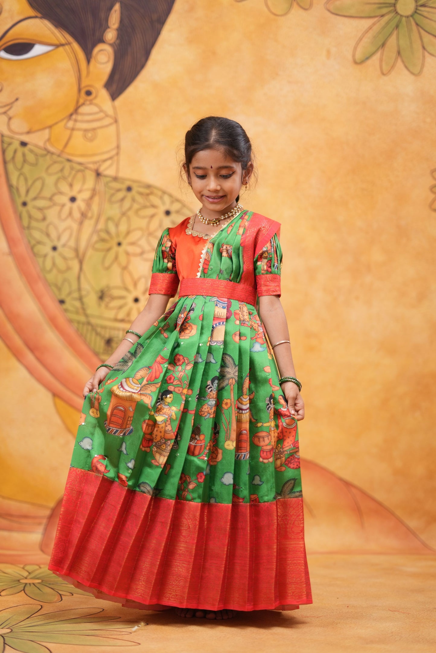Kids Dola Silk Long Dress green
