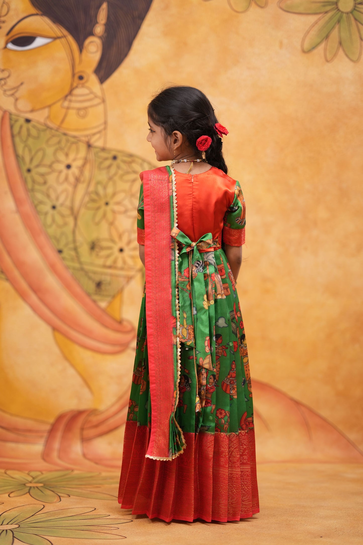 Kids Dola Silk Long Dress green