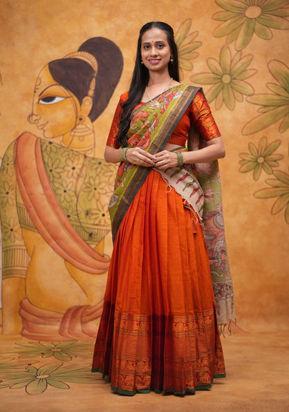 Orange halfsaree with Pen kalamkari duppata