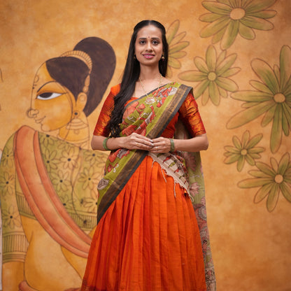 Orange halfsaree with Pen kalamkari duppata
