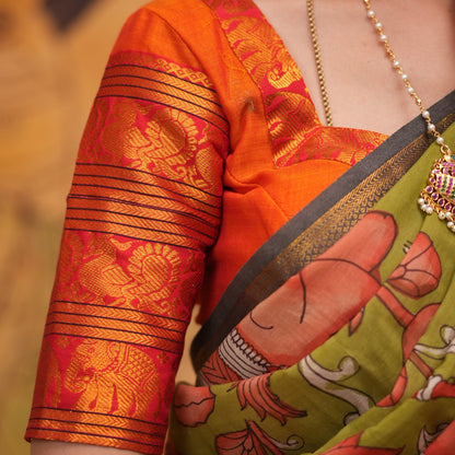 Orange halfsaree with Pen kalamkari duppata