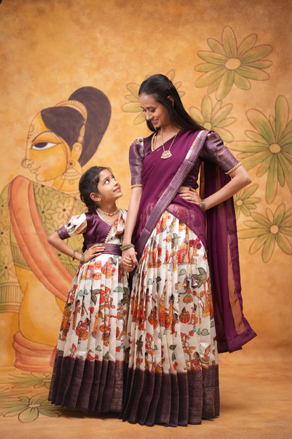 Kids Dola Silk Long Dress mom and daughter purple colour