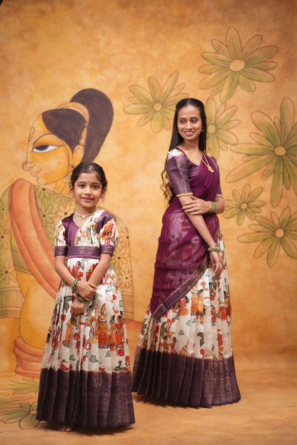 Kids Dola Silk Long Dress mom and daughter purple colour