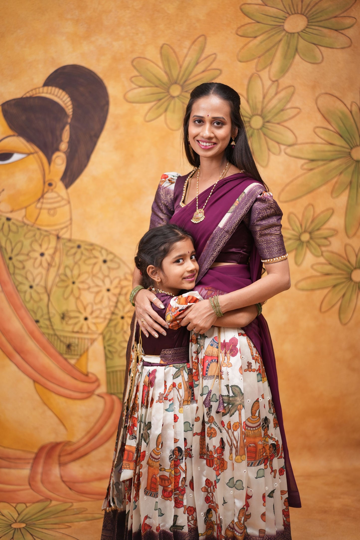 Kids Dola Silk Long Dress mom and daughter purple colour