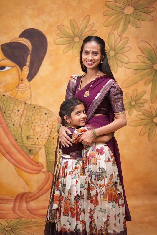 Kids Dola Silk Long Dress mom and daughter purple colour