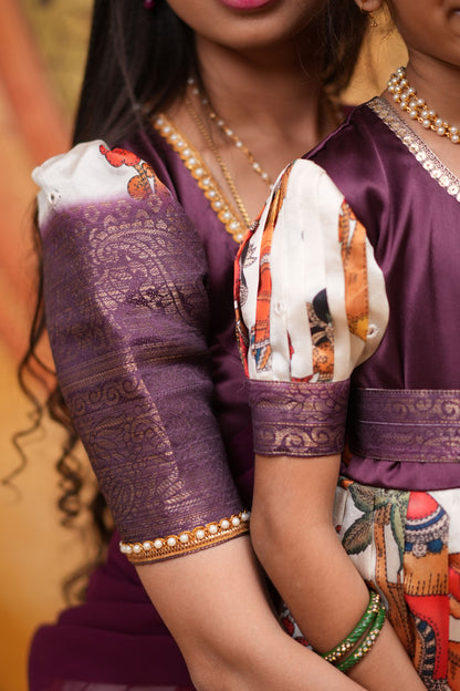 Kids Dola Silk Long Dress mom and daughter purple colour