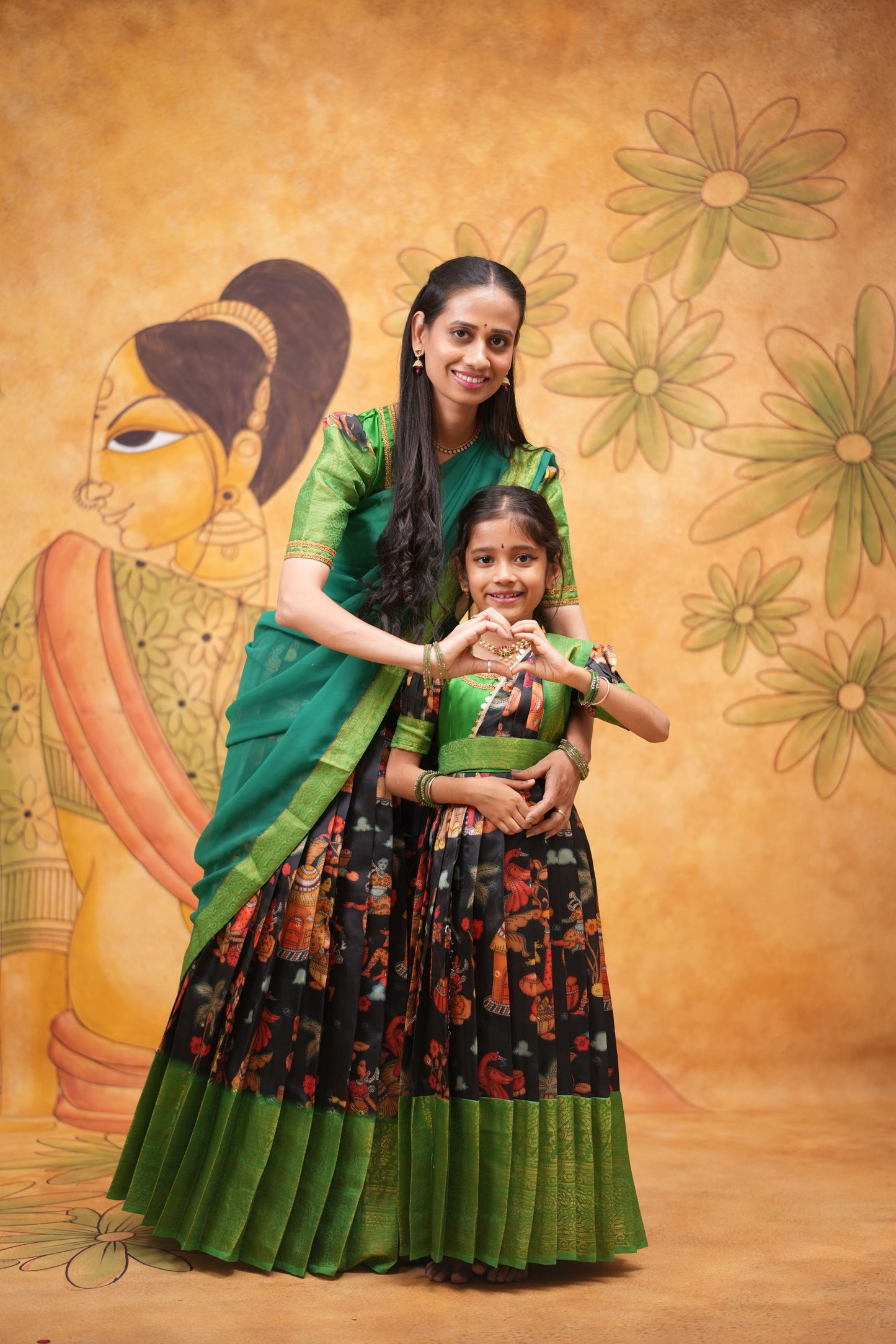 Kids Dola Silk Long Dress mom and daughter Balck