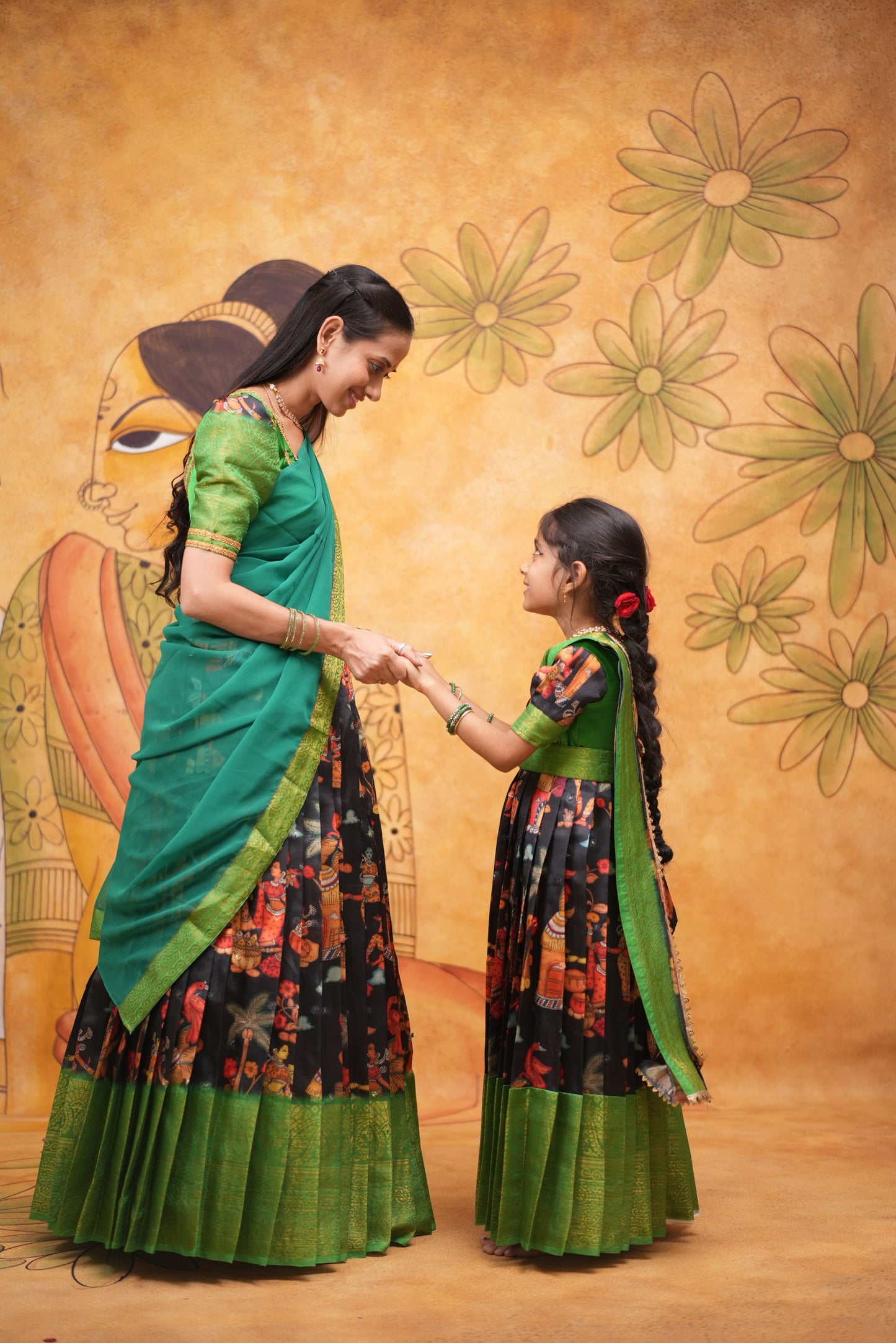 Kids Dola Silk Long Dress mom and daughter Balck