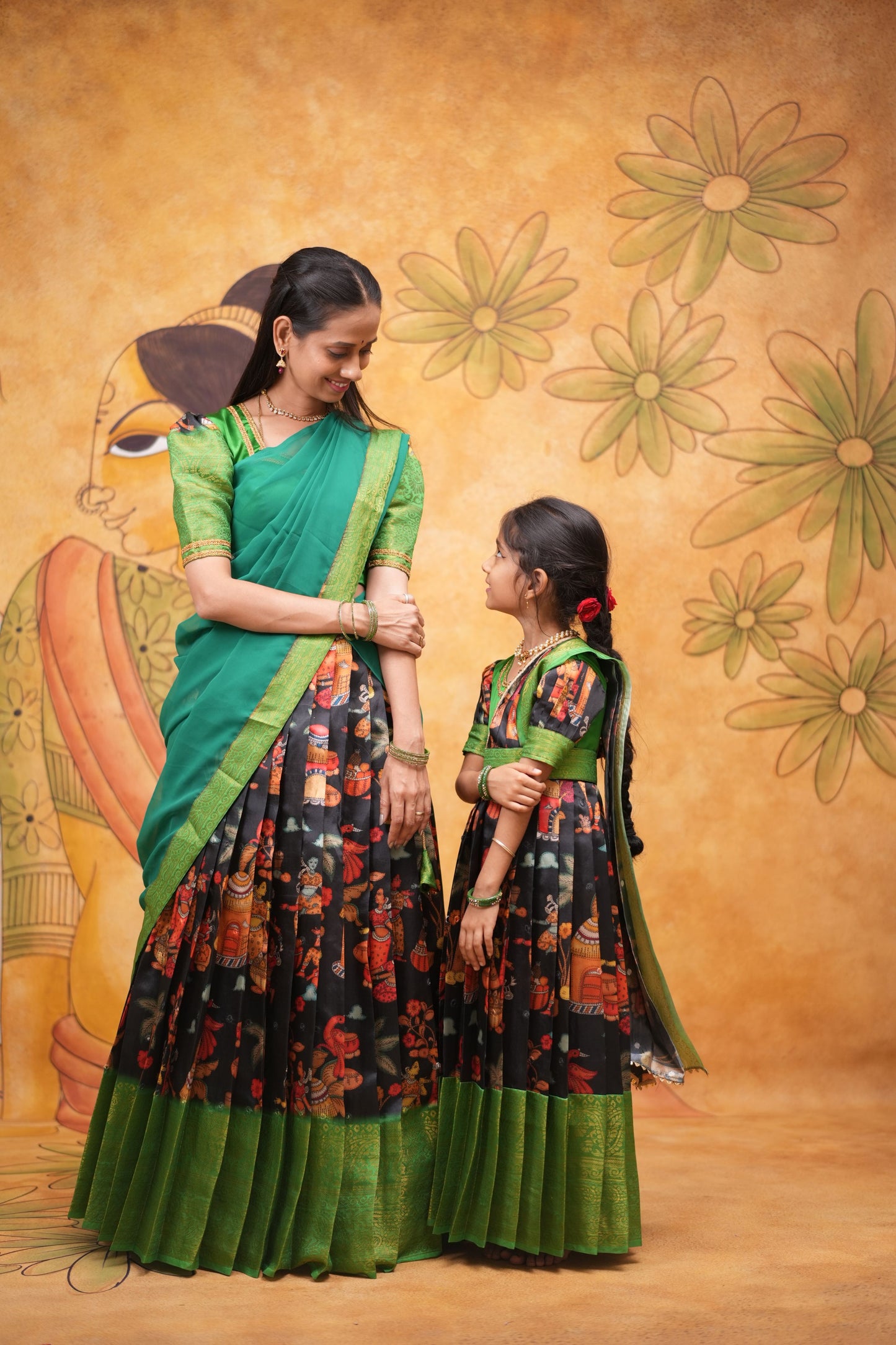 Kids Dola Silk Long Dress mom and daughter Balck