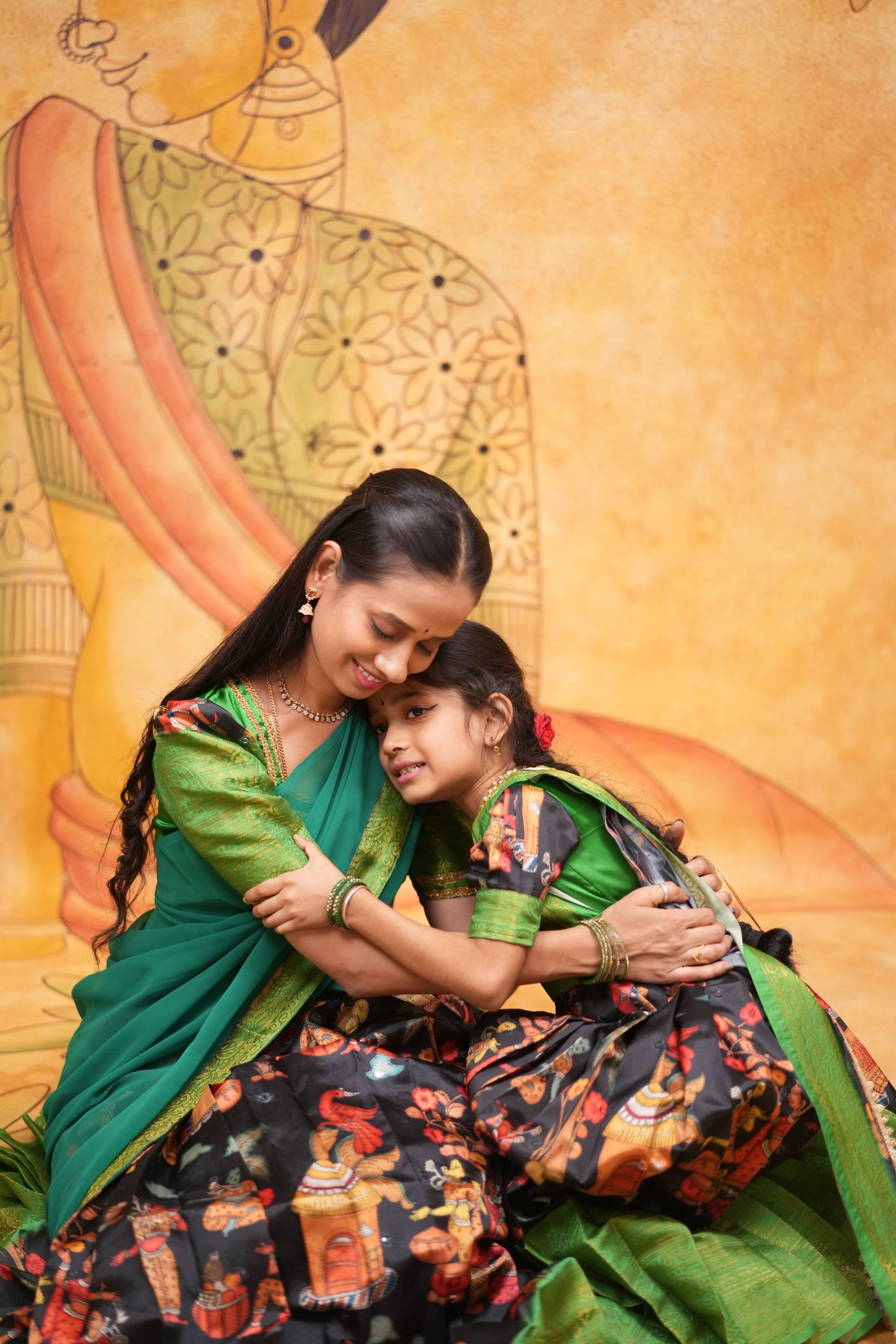 Kids Dola Silk Long Dress mom and daughter Balck
