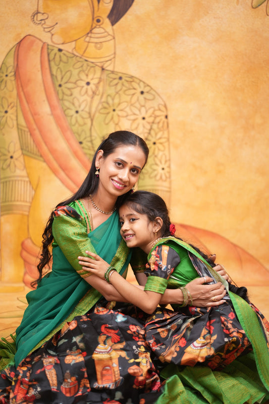 Kids Dola Silk Long Dress mom and daughter Balck