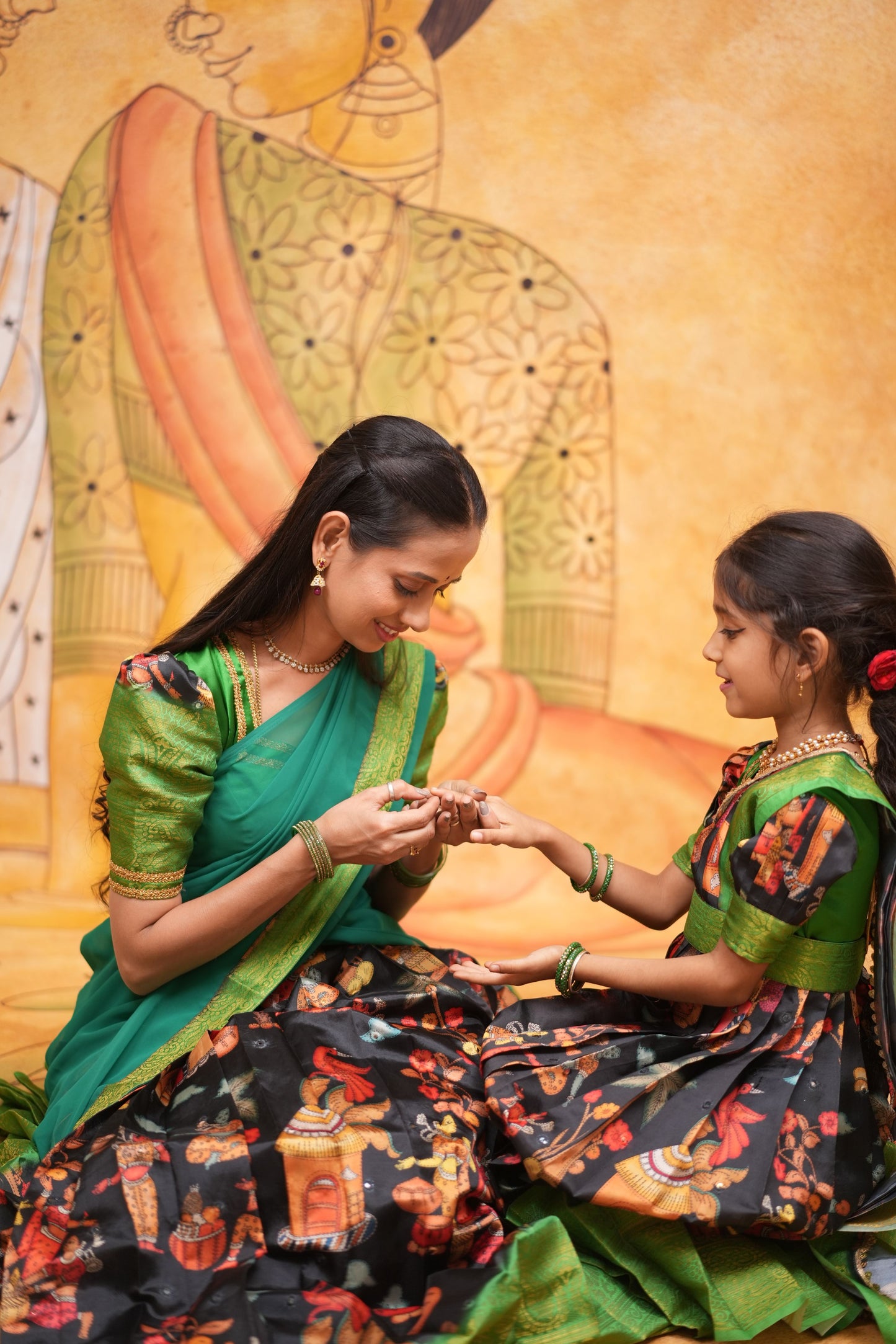 Kids Dola Silk Long Dress mom and daughter Balck