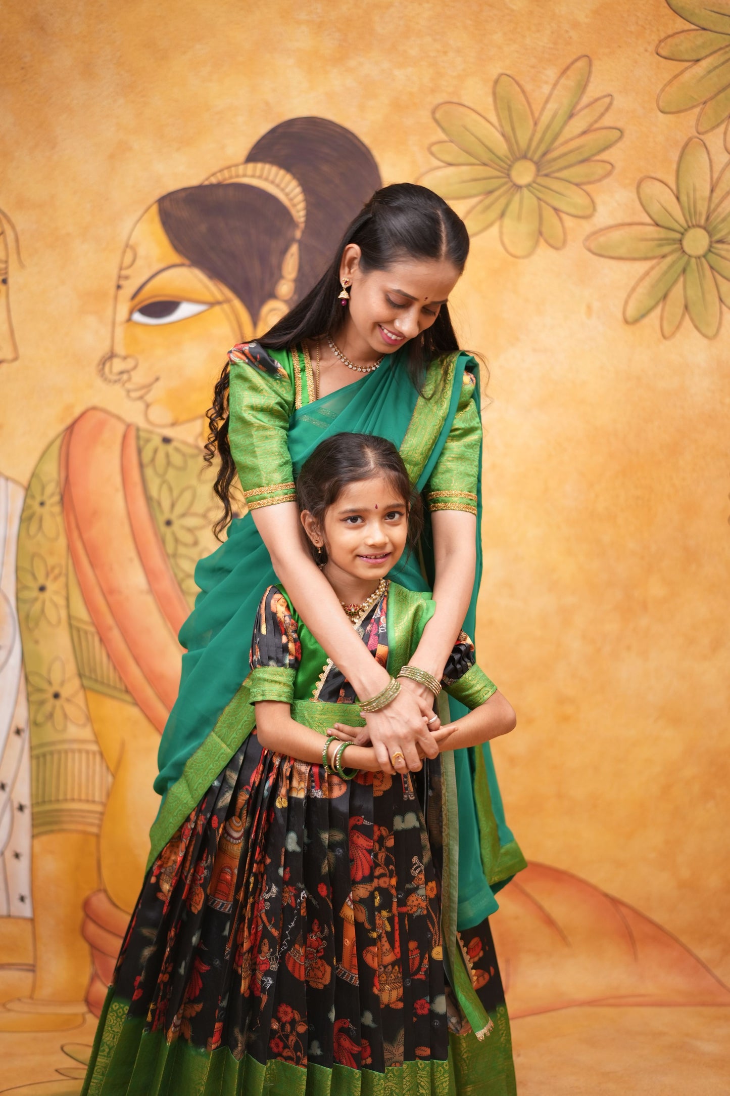 Kids Dola Silk Long Dress mom and daughter Balck