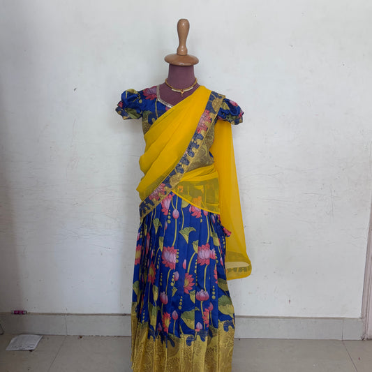 Blue and yellow  Kids Dola Silk Halfsaree
