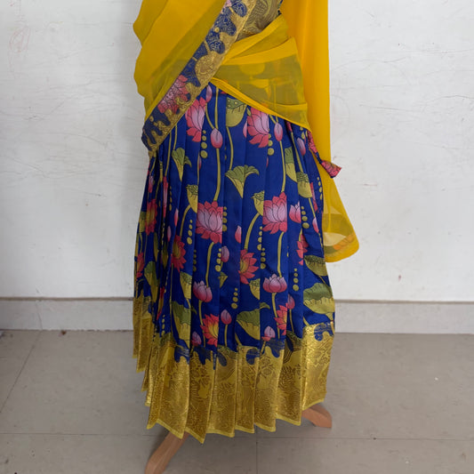 Blue and yellow  Kids Dola Silk Halfsaree