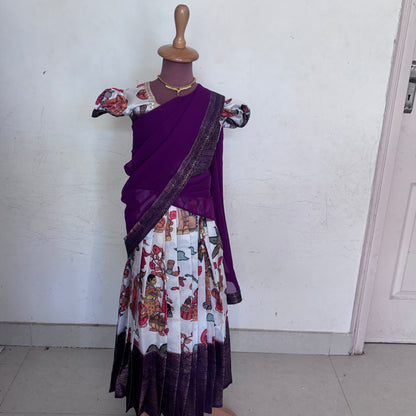 Purple and White  Kids Dola Silk Halfsaree