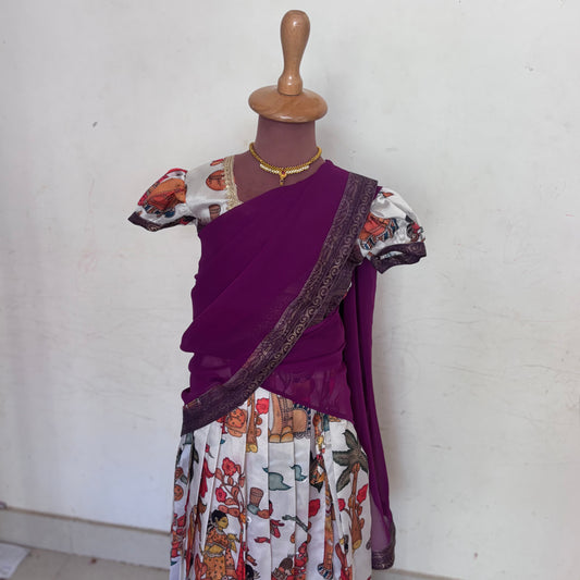 Purple and White  Kids Dola Silk Halfsaree