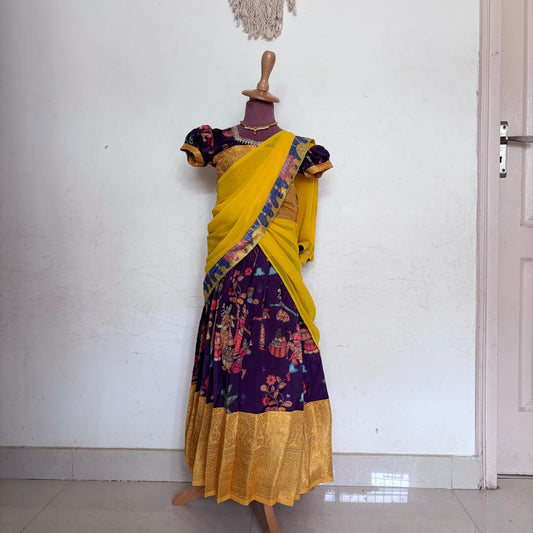 Purple and Yellow Kids Dola Silk Halfsaree