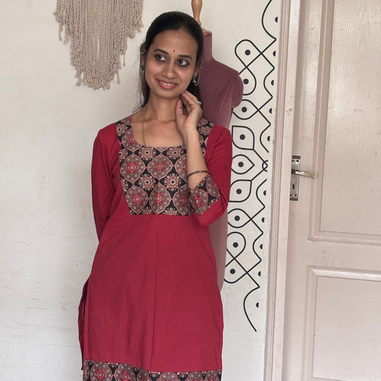 Maroon and  Black Short Kurta