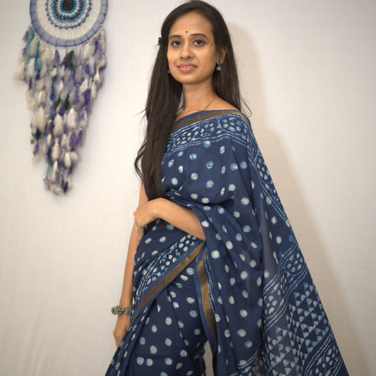 Hand Block Cotton Saree dotted