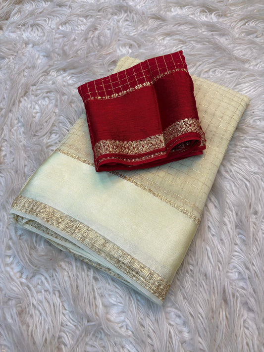 Ivory-Ruby Viscose Georgette Saree