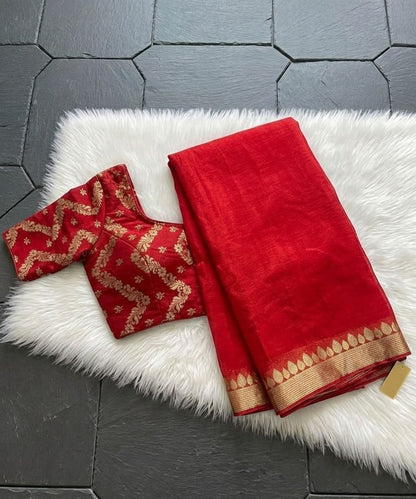 Red Chinon Chiffon Zari Saree